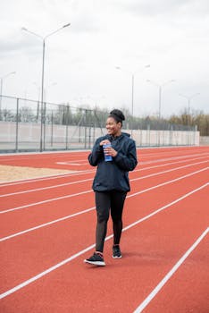 Smiling woman in activewear walking on track holding a water bottle.